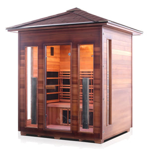 Rustic Infrared Sauna Canadian red cedar inside and out with peaked roof and glass door and windows isometric view