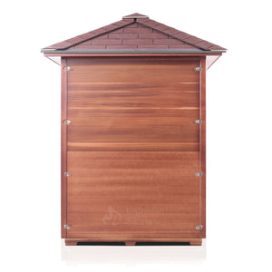 Rustic infrared sauna Canadian red cedar rear view with peak roof