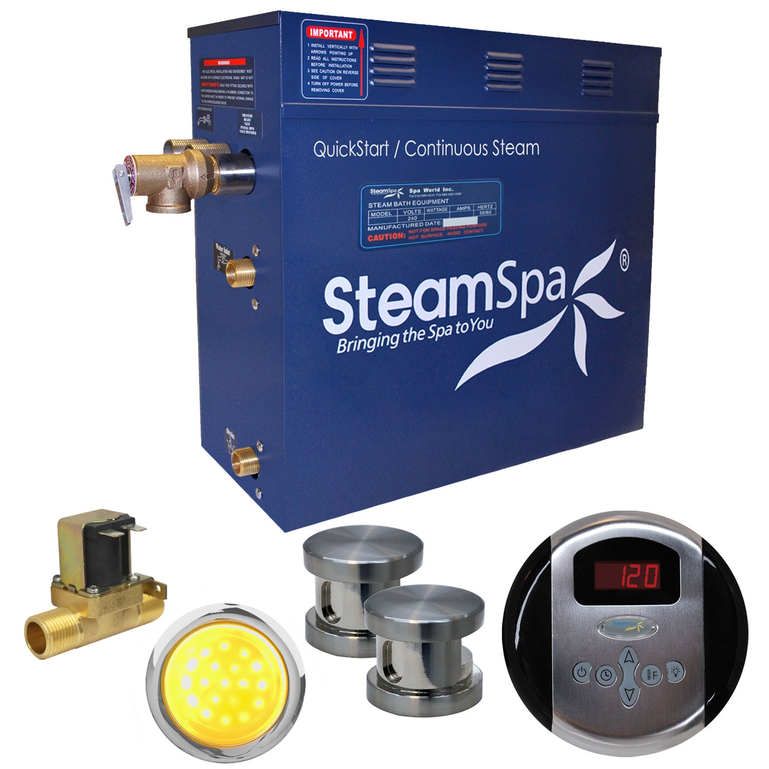 SteamSpa Indulgence 10.5 KW QuickStart Acu-Steam Bath Generator Package - Stainless Steel - Brushed Nickel - 9.5 in. L x 17 in. W x 15 in. H - Includes a 10.5kW QuickStart Acu-Steam Bath Generator, Control Panel or Touch Pad Control Panel, Two Brushed Nickel Steam heads, Chroma therapy three color mode LED light, Pressure Relief Valve - IN1050 - Vital Hydrotherapy