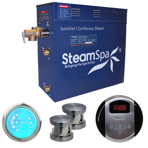 SteamSpa Indulgence 10.5 KW QuickStart Acu-Steam Bath Generator Package - Stainless Steel - Brushed Nickel - 9.5 in. L x 17 in. W x 15 in. H - Includes a 10.5kW QuickStart Acu-Steam Bath Generator, Control Panel or Touch Pad Control Panel, Two Brushed Nickel Steam heads, Chroma therapy three color mode LED light, Pressure Relief Valve - IN1050 - Vital Hydrotherapy