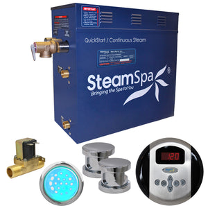 SteamSpa Indulgence 10.5 KW QuickStart Acu-Steam Bath Generator Package - Stainless Steel - Polished Chrome finish - 9.5 in. L x 17 in. W x 15 in. H - Includes a 10.5kW QuickStart Acu-Steam Bath Generator, Control Panel or Touch Pad Control Panel, Two Polished Chrome Steam heads, Chroma therapy three color mode LED light, Pressure Relief Valve, with built-in auto drain - IN1050 - Vital Hydrotherapy