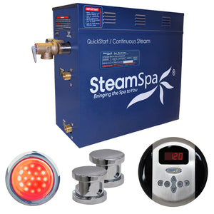 SteamSpa Indulgence 10.5 KW QuickStart Acu-Steam Bath Generator Package - Stainless Steel - Polished Chrome finish - 9.5 in. L x 17 in. W x 15 in. H - Includes a 10.5kW QuickStart Acu-Steam Bath Generator, Control Panel or Touch Pad Control Panel, Two Polished Chrome Steam heads, Chroma therapy three color mode LED light, Pressure Relief Valve - IN1050 - Vital Hydrotherapy