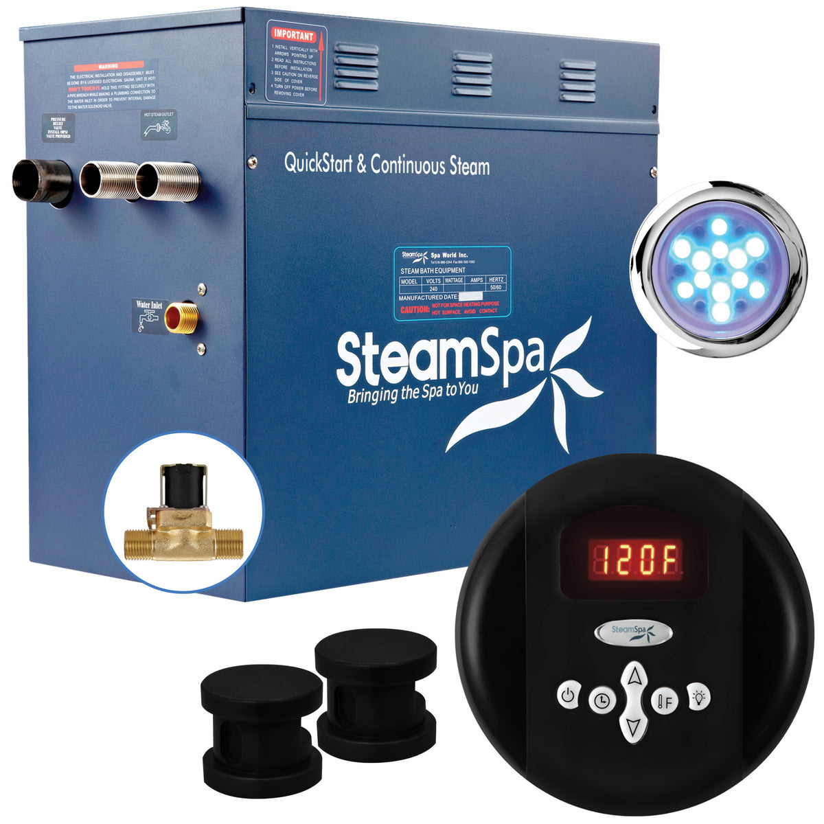 SteamSpa Indulgence 10.5 KW QuickStart Acu-Steam Bath Generator Package - Stainless Steel - Matte Black finish - 9.5 in. L x 17 in. W x 15 in. H - Includes a 10.5kW QuickStart Acu-Steam Bath Generator, Control Panel or Touch Pad Control Panel, Two Matte Black Steam heads, Chroma therapy three color mode LED light, Pressure Relief Valve, with built-in auto drain - IN1050 - Vital Hydrotherapy