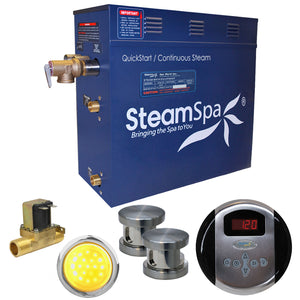 SteamSpa Indulgence 12 KW QuickStart Acu-Steam Bath Generator Package - 17 in. L x 9.25 in. W x 15 in. H - Stainless Steel - Brushed nickel finish - Package includes a 12kW QuickStart Acu-Steam Bath Generator, Control Panel, Two Brushed nickel Steam heads, Chroma therapy three color mode LED light, Pressure Relief Valve, with built-in auto drain - IN1200 - Vital Hydrotherapy