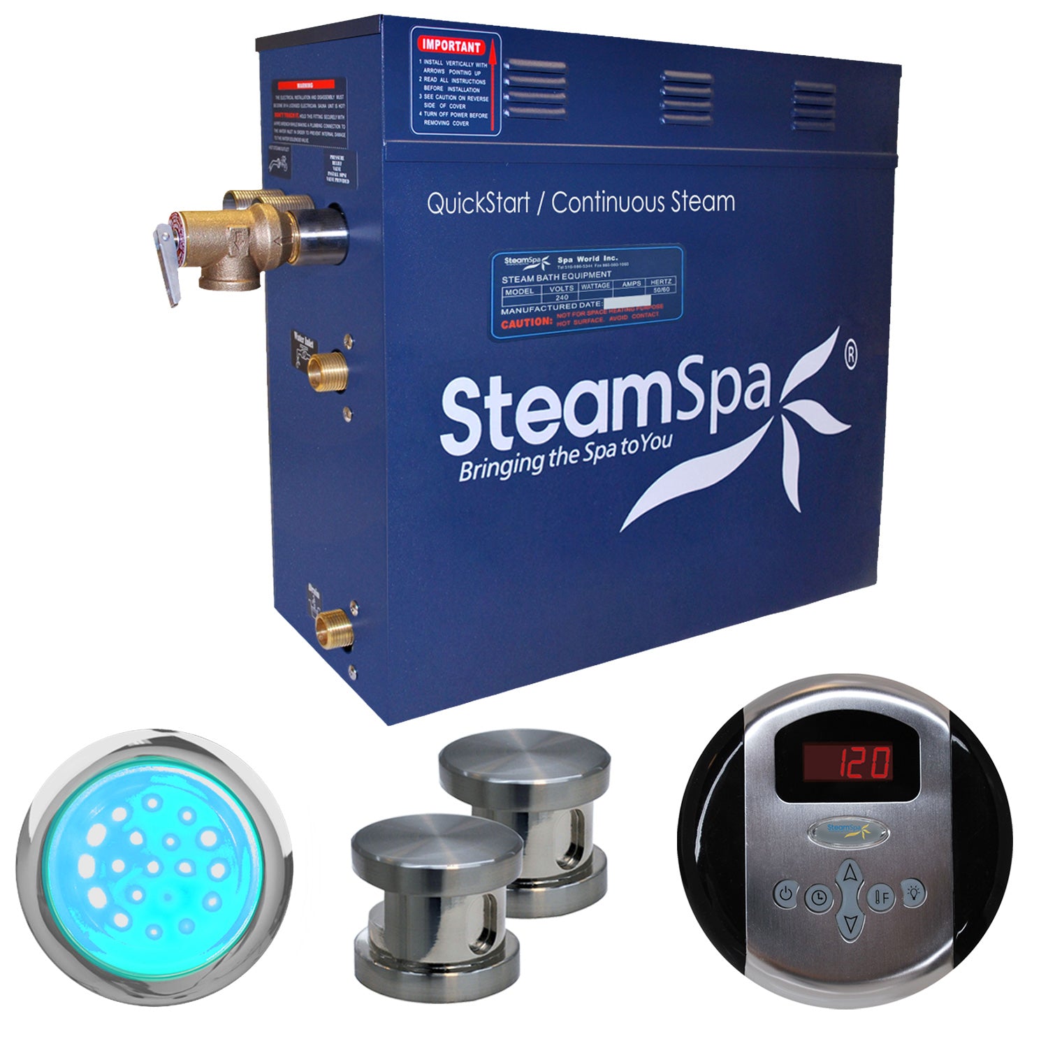 SteamSpa Indulgence 12 KW QuickStart Acu-Steam Bath Generator Package - 17 in. L x 9.25 in. W x 15 in. H - Stainless Steel - Brushed nickel finish - Package includes a 12kW QuickStart Acu-Steam Bath Generator, Control Panel, Two Brushed nickel Steam heads, Chroma therapy three color mode LED light, Pressure Relief Valve - IN1200 - Vital Hydrotherapy