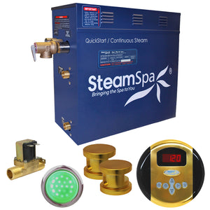 SteamSpa Indulgence 12 KW QuickStart Acu-Steam Bath Generator Package - 17 in. L x 9.25 in. W x 15 in. H - Stainless Steel - Polished Gold finish - Package includes a 12kW QuickStart Acu-Steam Bath Generator, Control Panel, Two polished gold Steam heads, Chroma therapy three color mode LED light, Pressure Relief Valve, with built-in auto drain - IN1200 - Vital Hydrotherapy