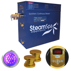 SteamSpa Indulgence 12 KW QuickStart Acu-Steam Bath Generator Package - 17 in. L x 9.25 in. W x 15 in. H - Stainless Steel - Polished Gold finish - Package includes a 12kW QuickStart Acu-Steam Bath Generator, Control Panel, Two polished gold Steam heads, Chroma therapy three color mode LED light, Pressure Relief Valve - IN1200 - Vital Hydrotherapy