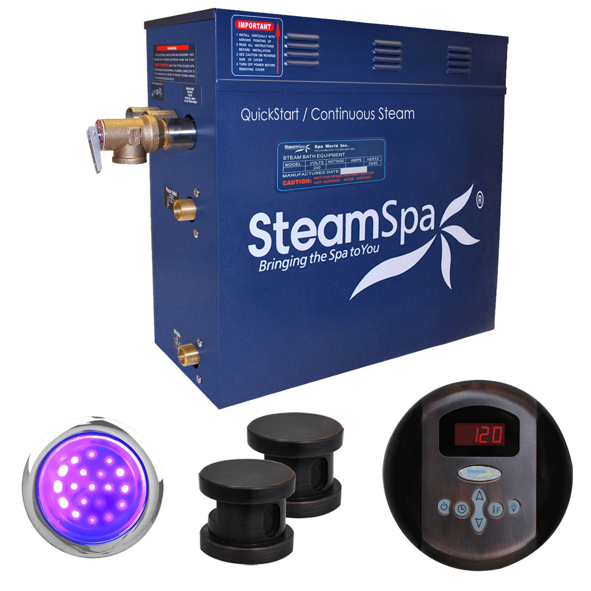 SteamSpa Indulgence 12 KW QuickStart Acu-Steam Bath Generator Package - 17 in. L x 9.25 in. W x 15 in. H - Stainless Steel - Oil rubbed bronze finish - Package includes a 12kW QuickStart Acu-Steam Bath Generator, Control Panel, Two Oil rubbed bronze Steam heads, Chroma therapy three color mode LED light, Pressure Relief Valve - IN1200 - Vital Hydrotherapy