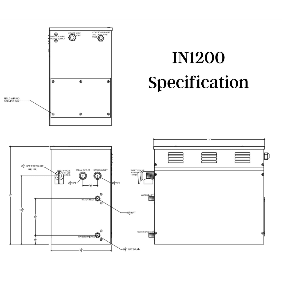 12 KW QuickStart Acu-Steam Bath Generator Specification drawing - Vital Hydrotherapy