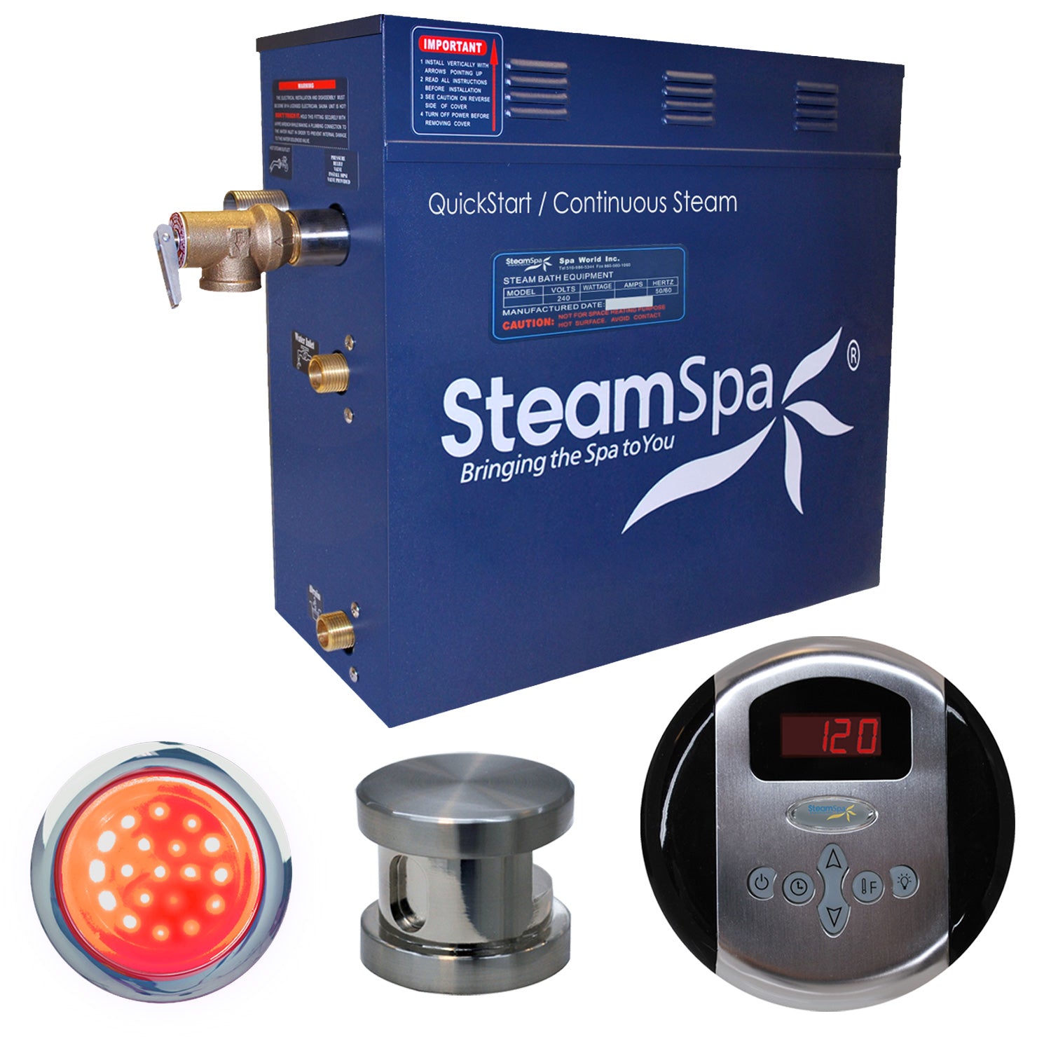 SteamSpa Indulgence 4.5 KW QuickStart Acu-Steam Bath Generator Package - Stainless steel - 12 in. L x 6 in. W x 2 in. H - Brushed Nickel - Includes a 4.5kW QuickStart Acu-Steam Bath Generator, Control Panel, Brushed Nickel Steam head, Chroma therapy Light - IN450 - Vital Hydrotherapy