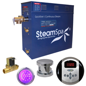 SteamSpa Indulgence 4.5 KW QuickStart Acu-Steam Bath Generator Package - Stainless steel - 12 in. L x 6 in. W x 2 in. H - Polished Chrome finish - Includes a 4.5kW QuickStart Acu-Steam Bath Generator, Control Panel, Polished Chrome Steam head, Chroma therapy Light, with built-in auto drain - IN450 - Vital Hydrotherapy