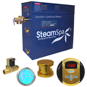 SteamSpa Indulgence 4.5 KW QuickStart Acu-Steam Bath Generator Package - Stainless steel - 12 in. L x 6 in. W x 2 in. H - Polished Gold finish - Includes a 4.5kW QuickStart Acu-Steam Bath Generator, Control Panel, Polished Gold Steam head, Chroma therapy Light, with built-in auto drain - IN450 - Vital Hydrotherapy