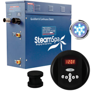 SteamSpa Indulgence 4.5 KW QuickStart Acu-Steam Bath Generator Package - Stainless steel - 12 in. L x 6 in. W x 2 in. H - Matte Black finish - Includes a 4.5kW QuickStart Acu-Steam Bath Generator, Control Panel, Matte Black Steam head, Chroma therapy Light - IN450 - Vital Hydrotherapy