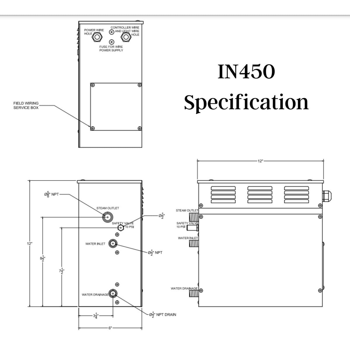  4.5 KW QuickStart Acu-Steam Bath Generator Specification drawing  - Vital Hydrotherapy