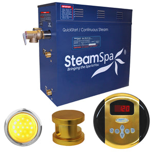 SteamSpa Indulgence 6 KW QuickStart Acu-Steam Bath Generator Package IN600 - 16 in. L x 6.5 in. W x 14.5 in. H - Polished Gold finish - Includes a 6kW QuickStart Acu-Steam Bath Generator, Control Panel, Polished Gold Steam head, Chroma therapy Light, Pressure Relief Valve - Vital Hydrotherapy