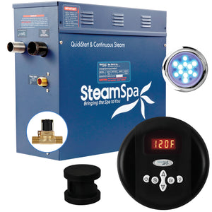SteamSpa Indulgence 6 KW QuickStart Acu-Steam Bath Generator Package IN600 - 16 in. L x 6.5 in. W x 14.5 in. H - Matte Black finish - Includes a 6kW QuickStart Acu-Steam Bath Generator, Control Panel, Matte Black Steam head, Chroma therapy Light, Pressure Relief Valve, with built-in auto drain - Vital Hydrotherapy