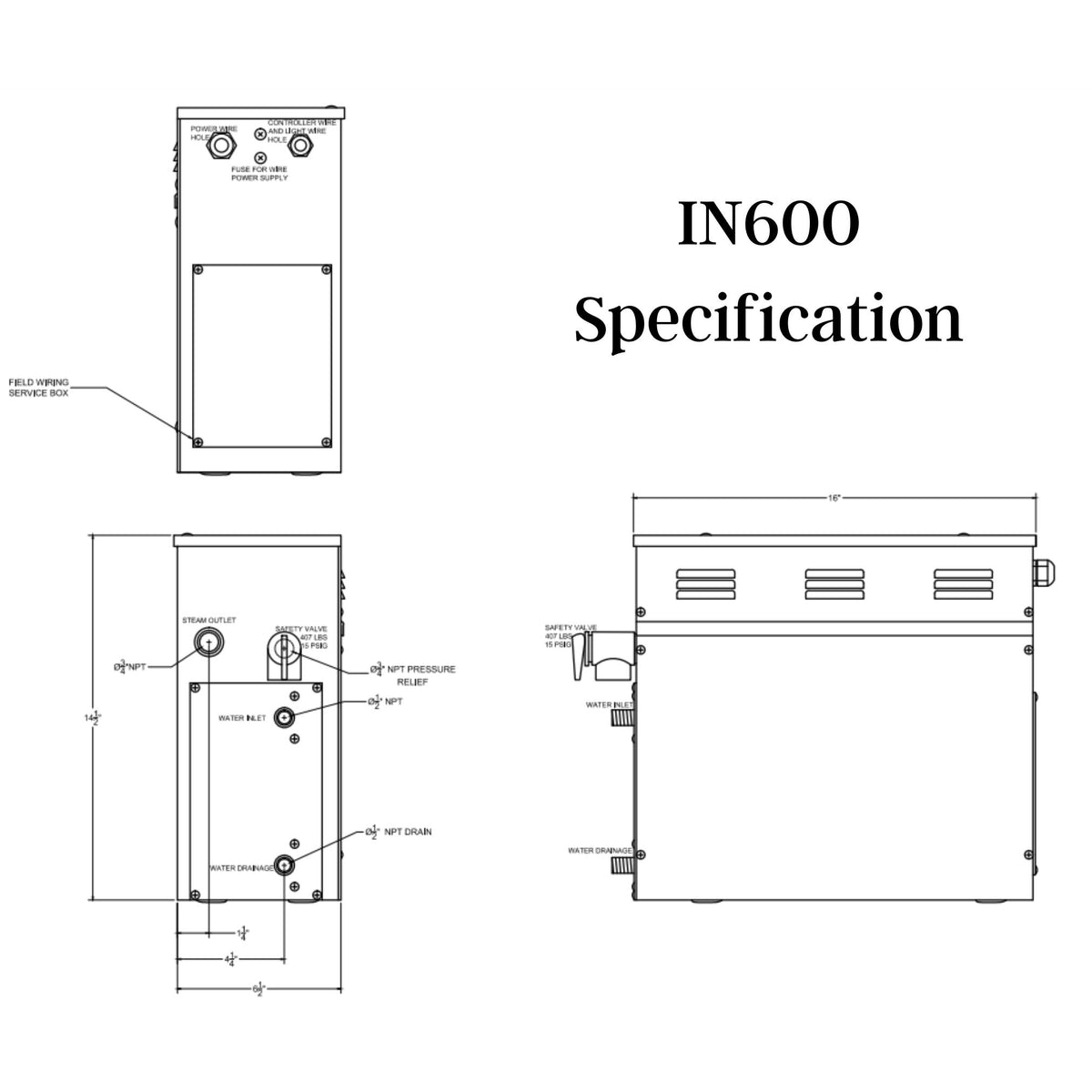 6 KW QuickStart Acu-Steam Bath Generator Specification drawing  - Vital Hydrotherapy