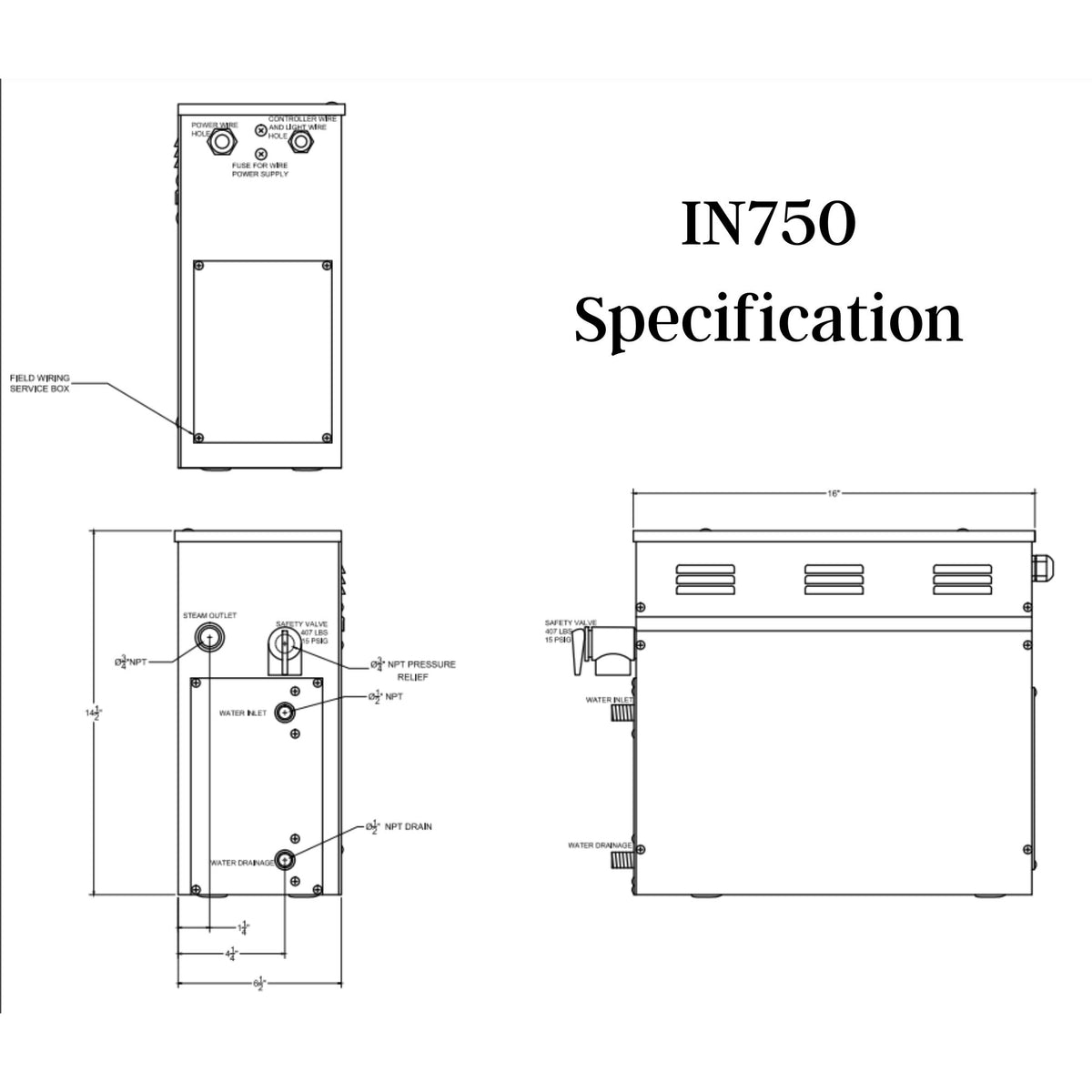 7.5 KW QuickStart Acu-Steam Bath Generator Specification drawing  - Vital Hydrotherapy