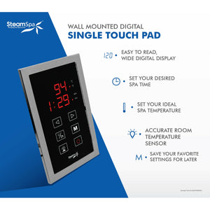 Wall-mounted digital single touchpad - Brushed Nickel - Functions - Vital Hydrotherapy