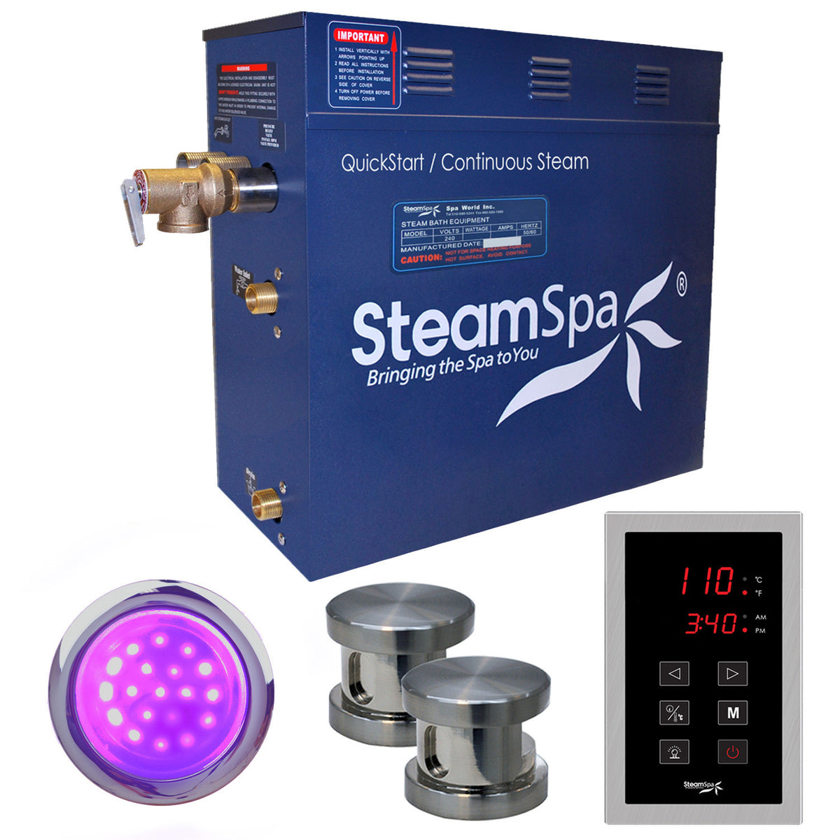 SteamSpa Indulgence 12 KW QuickStart Acu-Steam Bath Generator Package - Stainless Steel - Polished Brushed Nickel - 17 in. L x 9.25 in. W x 15 in. H - Includes a 12kW QuickStart Acu-Steam Bath Generator, Touch Pad Control Panel, Two Steam heads, Chroma therapy three color mode LED light, Pressure Relief Valve - INT1200 - Vital Hydrotherapy