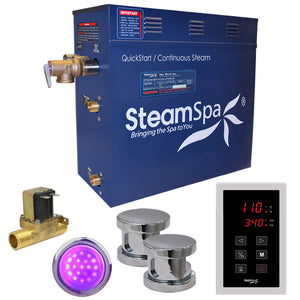 SteamSpa Indulgence 12 KW QuickStart Acu-Steam Bath Generator Package - Stainless Steel - Polished Chrome - 17 in. L x 9.25 in. W x 15 in. H - Includes a 12kW QuickStart Acu-Steam Bath Generator, Touch Pad Control Panel, Two Steam heads, Chroma therapy three color mode LED light, Pressure Relief Valve, with built-in auto drain - INT1200 - Vital Hydrotherapy