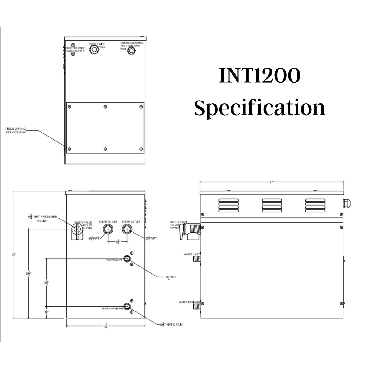 12 KW QuickStart Acu-Steam Bath Generator Specification drawing  - Vital Hydrotherapy