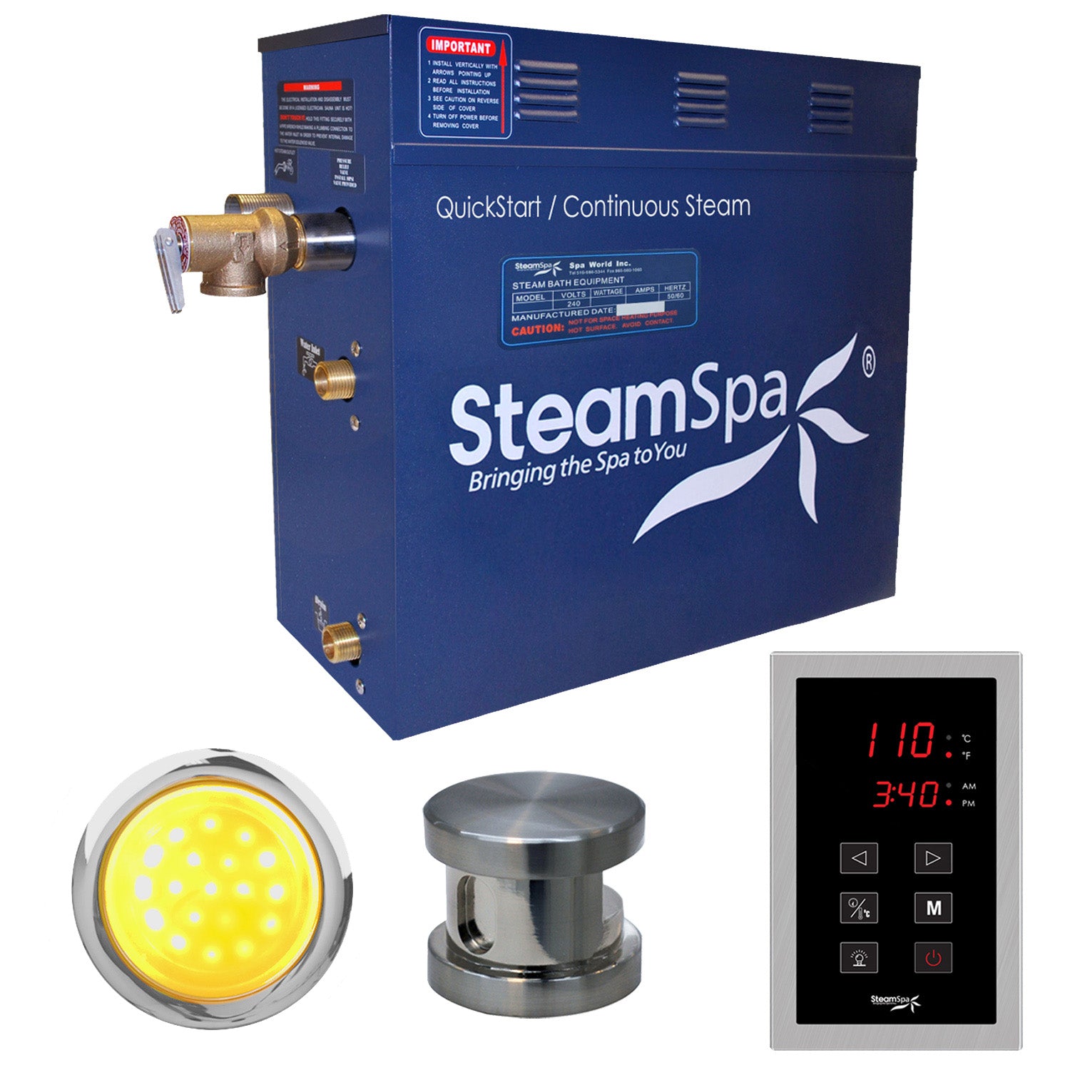 SteamSpa Indulgence 4.5 KW QuickStart Acu-Steam Bath Generator Package - 12 in. L x 6 in. W x 2 in. H - Stainless Steel - Polished Brushed Nickel - Includes a 4.5kW QuickStart Acu-Steam Bath Generator, Touch Pad Control Panel, Steam head, Chroma therapy three color mode LED light - INT450 - Vital Hydrotherapy