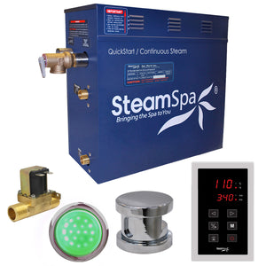 SteamSpa Indulgence 4.5 KW QuickStart Acu-Steam Bath Generator Package - 12 in. L x 6 in. W x 2 in. H - Stainless Steel - Polished Chrome - Includes a 4.5kW QuickStart Acu-Steam Bath Generator, Touch Pad Control Panel, Steam head, Chroma therapy three color mode LED light, with built-in auto drain - INT450 - Vital Hydrotherapy
