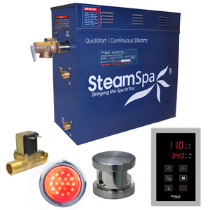 SteamSpa Indulgence 7.5 KW QuickStart Acu-Steam Bath Generator Package - 16 in. L x 6.5 in. W x 14.5 in. H - Stainless Steel - Polished Brushed Nickel - Includes a 7.5kW QuickStart Acu-Steam Bath Generator, Touch Pad Control Panel, Steam head, Chroma therapy three color mode LED light, Pressure Relief Valve, with built-in auto drain - INT750 - Vital Hydrotherapy