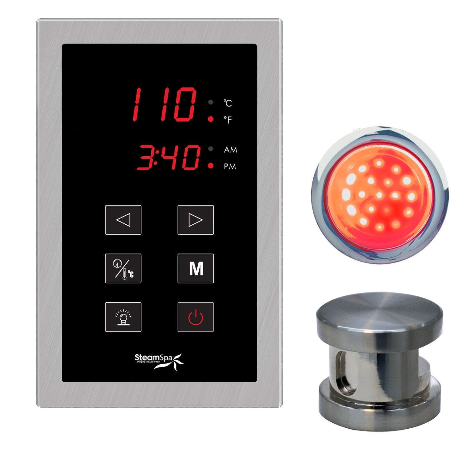 SteamSpa Indulgence Touch Panel Control Kit INTPK - Single Touch Pad Control Panel, Steam head and Chroma therapy Light - Polished Brushed nickel finish - Display time and temperature - 12 in. L x 12 in. W x 6 in. H - Vital Hydrotherapy 