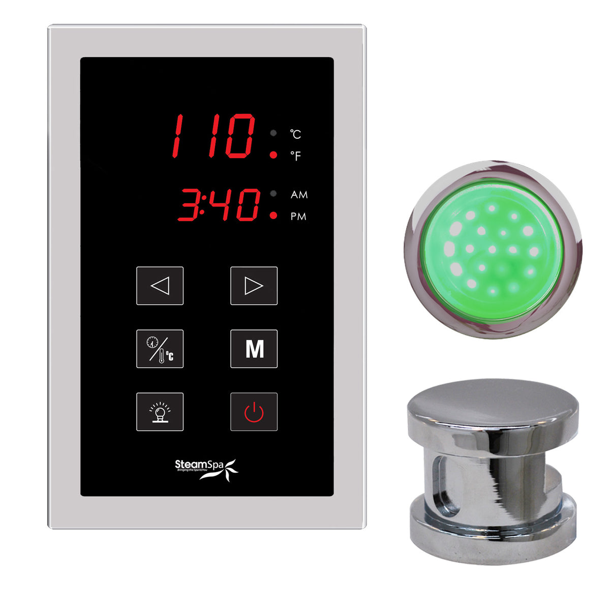 SteamSpa Indulgence Touch Panel Control Kit INTPK - Single Touch Pad Control Panel, Steam head and Chroma therapy Light - Polished chrome finish - Display time and temperature - 12 in. L x 12 in. W x 6 in. H - Vital Hydrotherapy