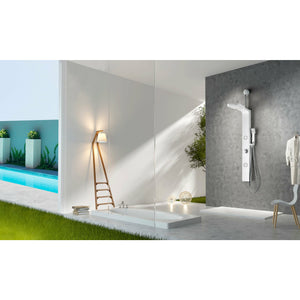 Anzzi Inland Series 44 Inch Full Body Retro-Fit Shower Panel with Fixed Crested Heavy Rain Shower Head, Shower Control Knobs, Two Acu-stream Vector Massage Body Jet Sets and Euro-grip Hand Sprayer in White SP-AZ062 - Lifestyle - Vital Hydrotherapy