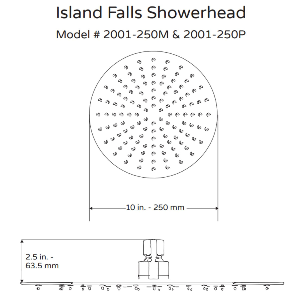 PULSE ShowerSpas Stainless Steel Shower Head - Island Falls 250mm 2001-250 Specification Drawing - Vital Hydrotherapy