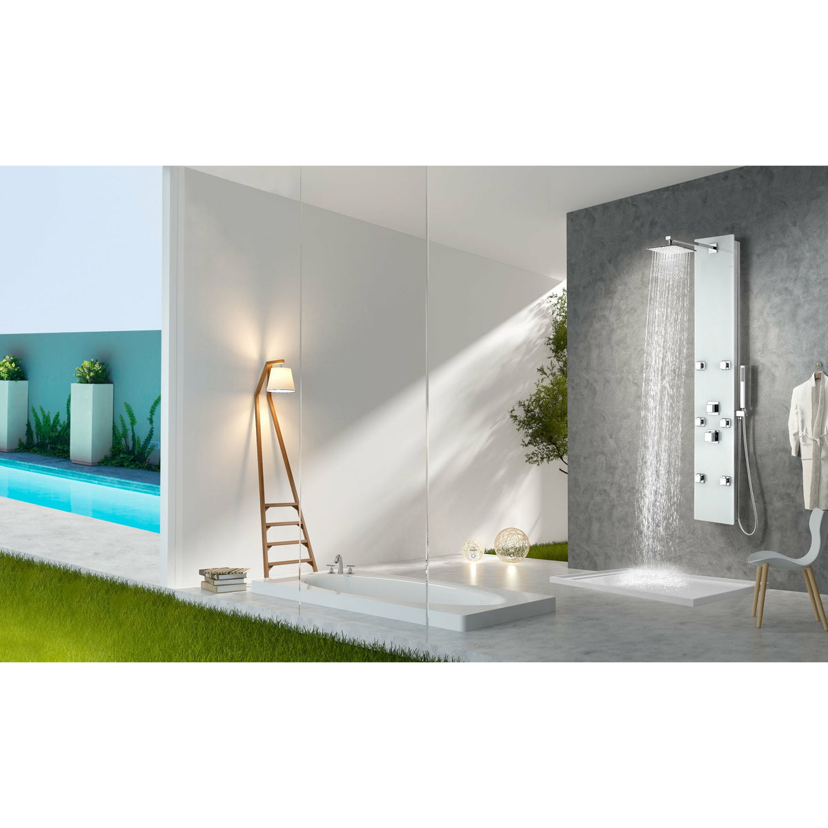 Anzzi Jaguar 60 Inch Full Body Shower Panel with Heavy Rain Shower Head, Six Directional Acu-stream Body Jets, Two Shower Control Knobs and Euro-grip Free Range Hand Sprayer in White Deco-glass Body SP-AZ8089 - Lifestyle - Vital Hydrotherapy