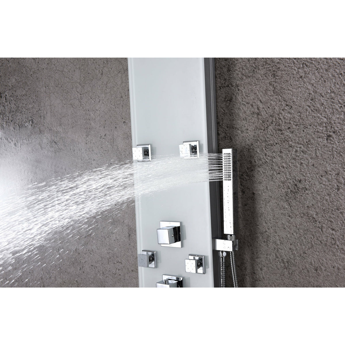 Anzzi Directional Acu-stream Body Jets, Two Shower Control Knobs and Euro-grip Free Range Hand Sprayer in White Deco-glass Body SP-AZ8089 - Vital Hydrotherapy
