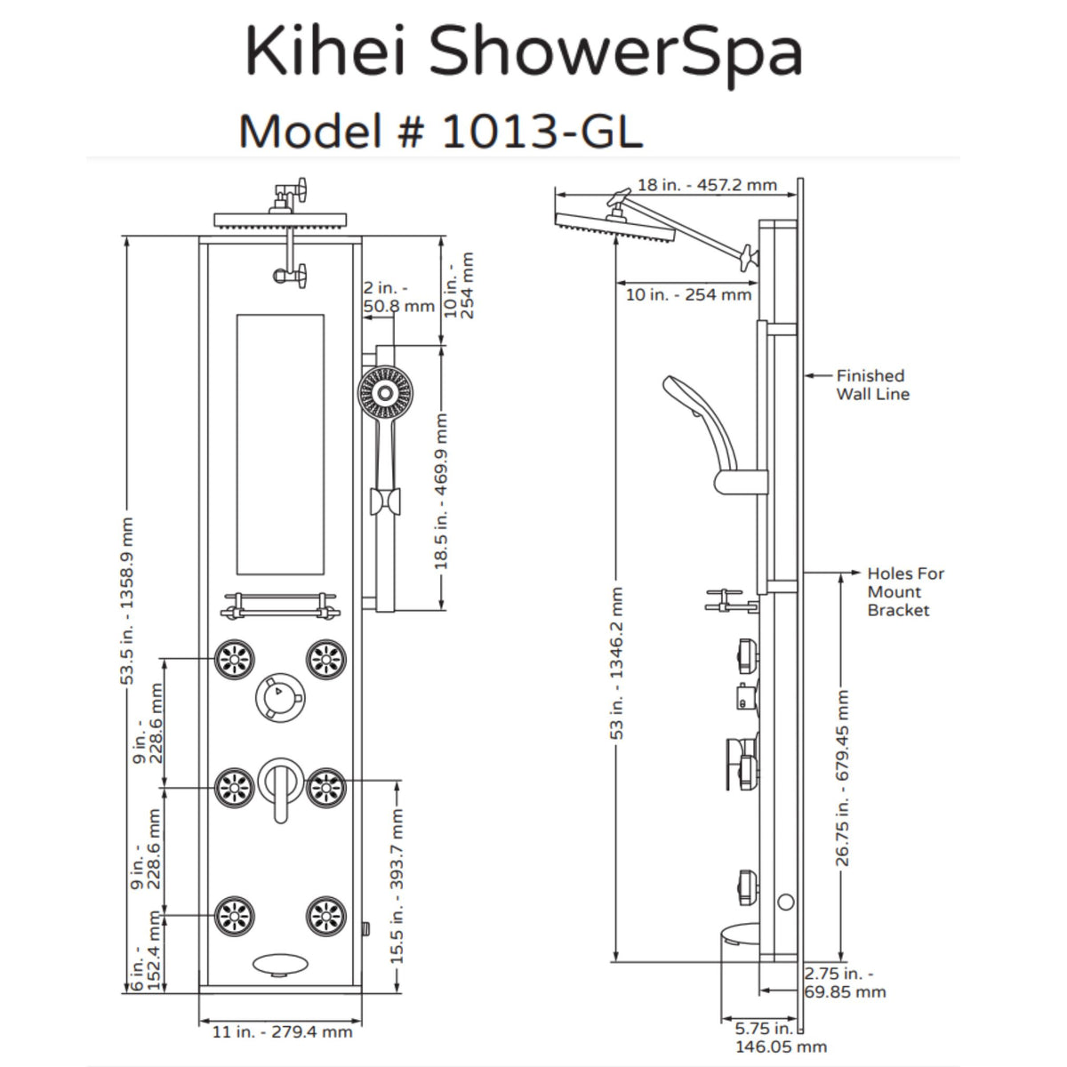 PULSE ShowerSpas Silver Glass Shower Panel - Kihei II ShowerSpa 1013-GL Specification Drawing - Vital Hydrotherapy