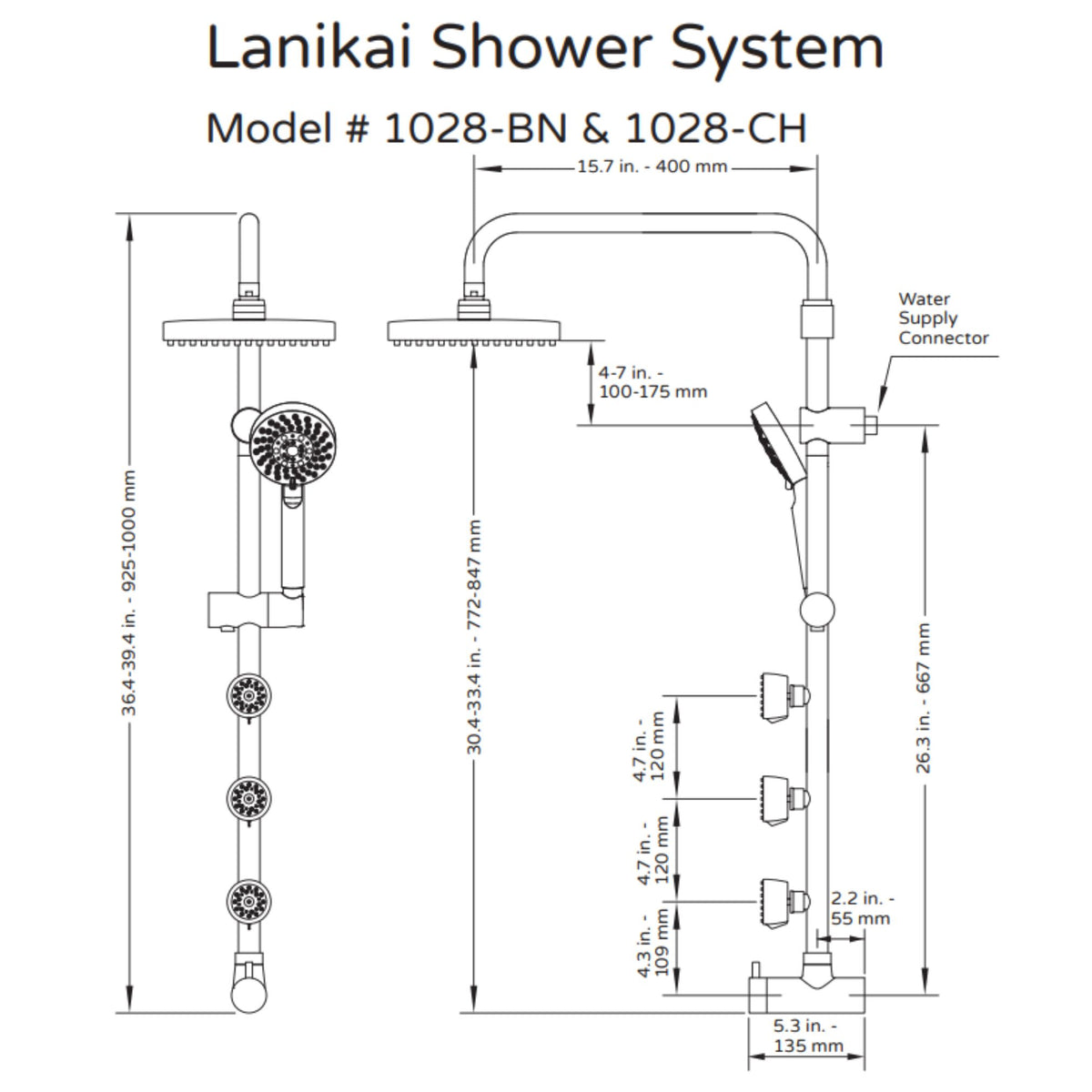 PULSE ShowerSpas Shower System - Lanikai ShowerSpa 1028 Specification Drawing - Vital Hydrotherapy