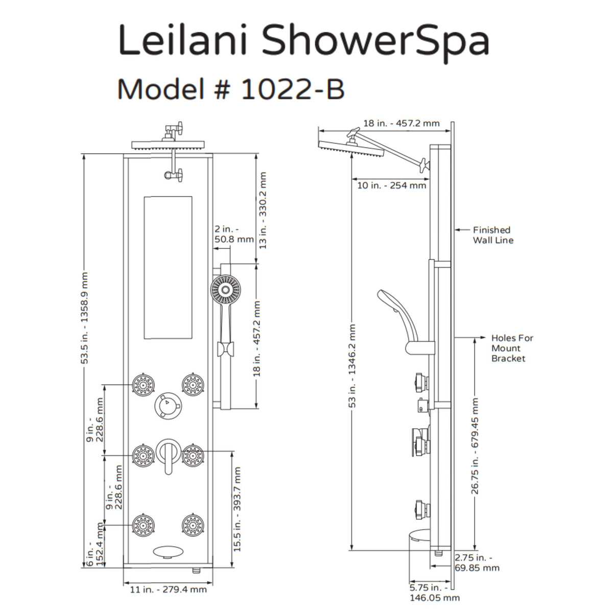 PULSE ShowerSpas Black Glass Shower Panel - Leilani ShowerSpa 1022-B Specification Drawing - Vital Hydrotherapy