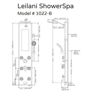 PULSE ShowerSpas Black Glass Shower Panel - Leilani ShowerSpa 1022-B Specification Drawing - Vital Hydrotherapy