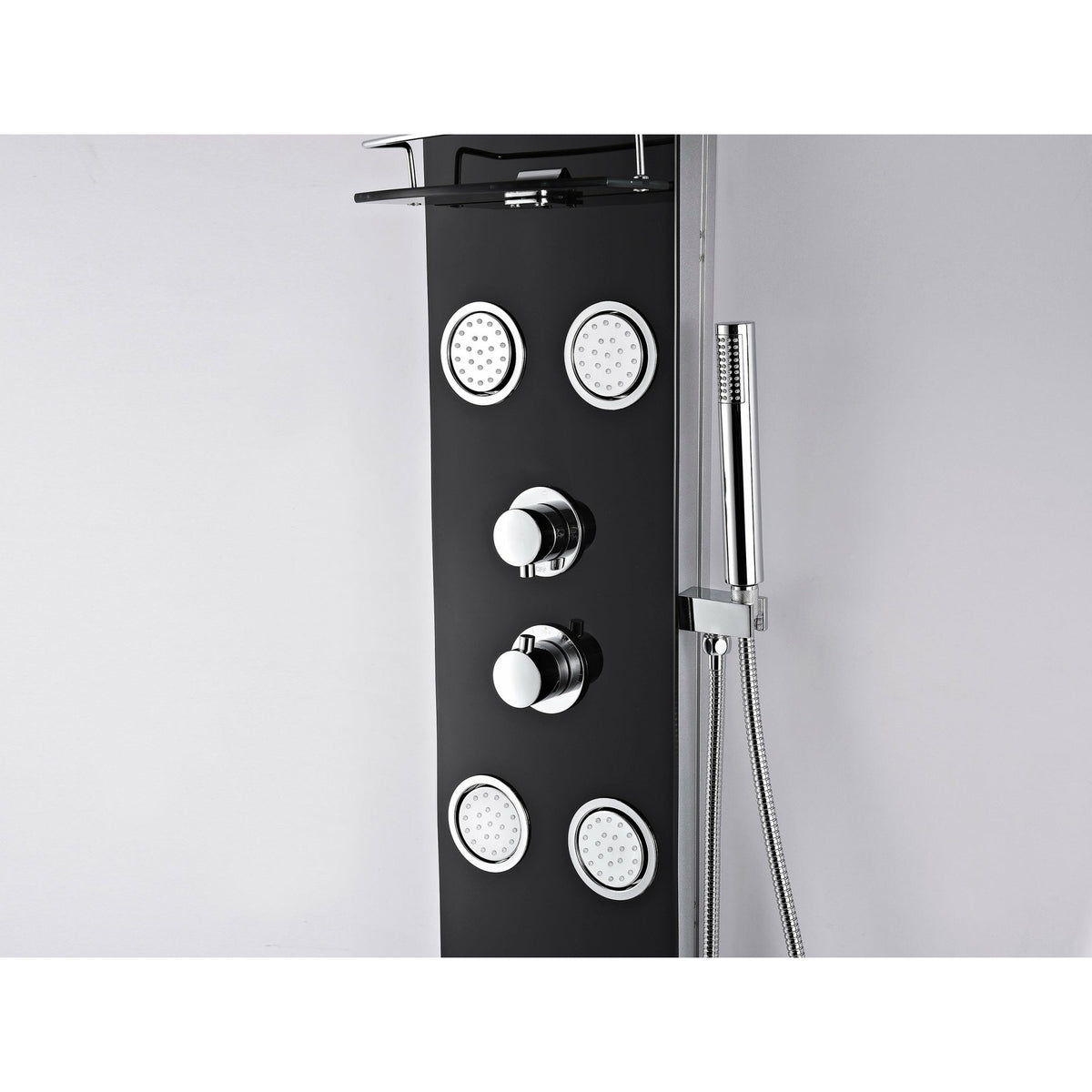 Anzzi Llano Series 56 Inch Full Body Shower Panel with Two Shower Control Knobs, Four Acu-stream Vector Massage Body Jet Sets and One Euro-grip Free Range Hand Sprayer in Brushed Steel - Deco-Glass Shampoo Shelves - SP-AZ047 - Vital Hydrotherapy