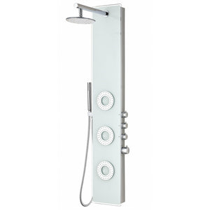 Anzzi Lynn 58 Inch Three Directional Acu-stream Body Jets Shower Panel with Swiveling Overhead Rainfall Shower Head, Four Shower Control Knobs and Euro-grip Handheld Sprayer - White Deco-glass Body - SP-AZ031 - Vital Hydrotherapy