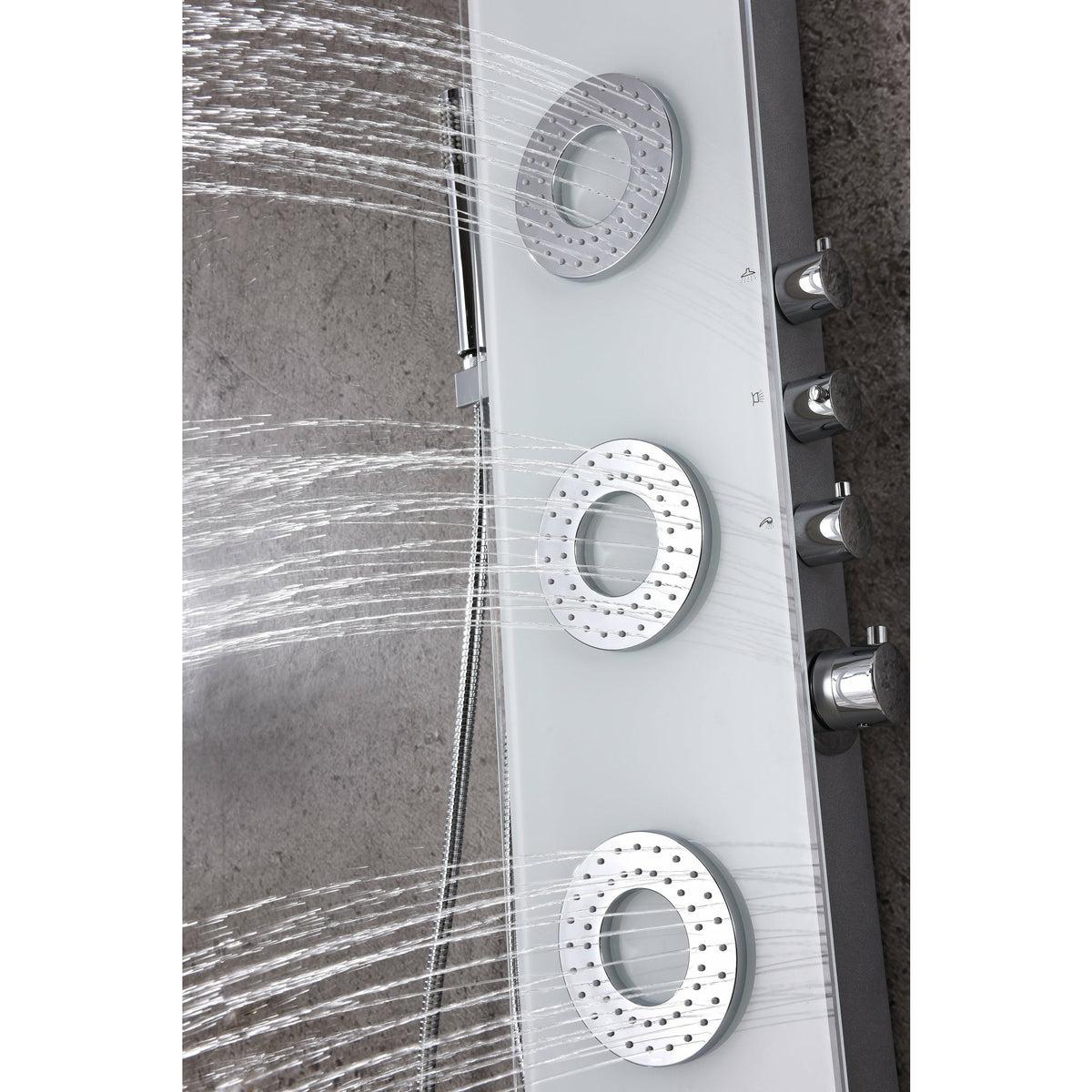 Anzzi Lynn 58 Inch Three Directional Acu-stream Body Jets Shower Panel with  Four Shower Control Knobs and Euro-grip Handheld Sprayer - White Deco-glass Body - SP-AZ031 - Vital Hydrotherapy