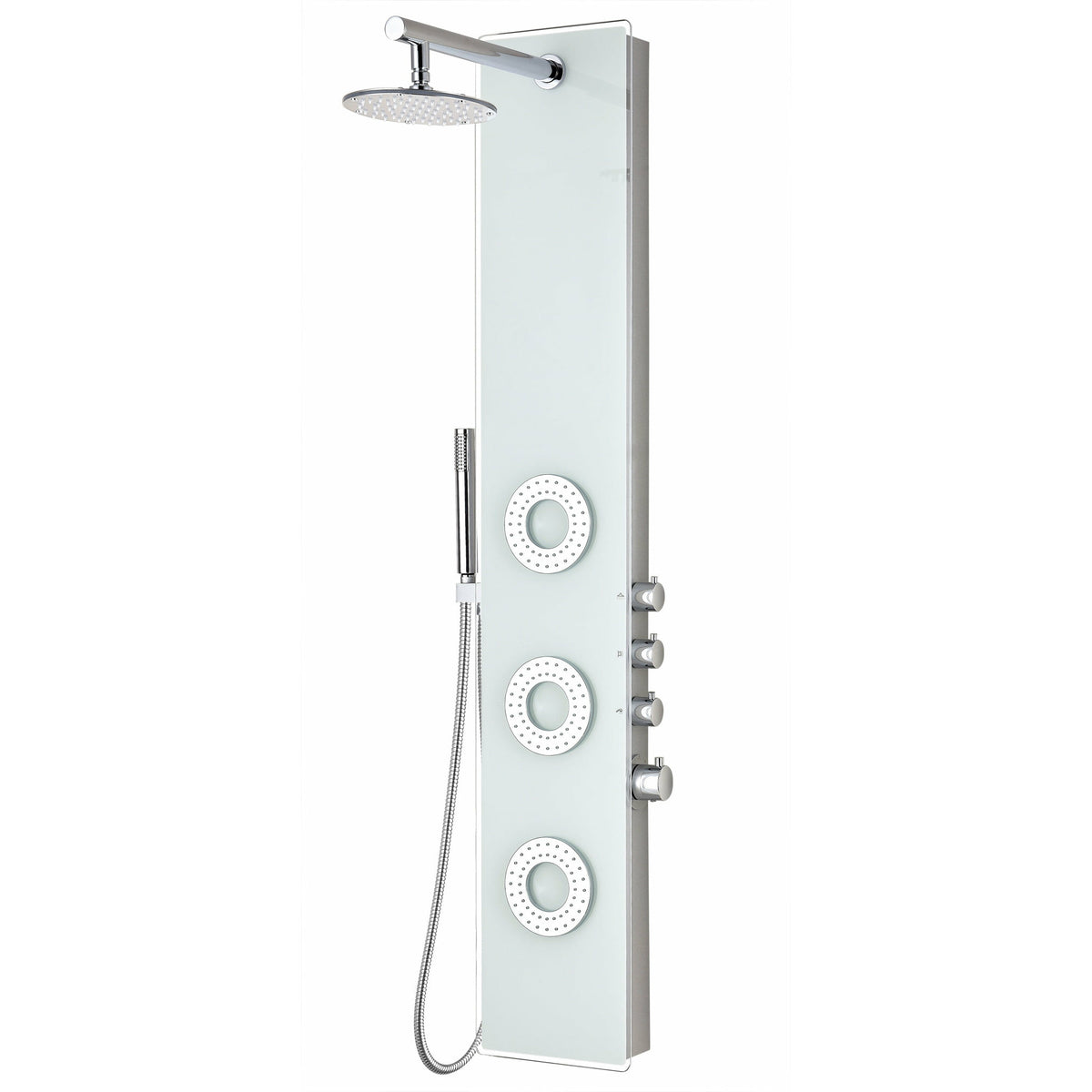 Anzzi Lynx 58 Inch Full Body Shower Panel with Heavy Rain Shower Head, Three Directional Acu-stream Body Jets, Four Shower Control Knobs and Euro-grip Free Range Hand Sprayer in White Deco-glass Body SP-AZ8090 - Vital Hydrotherapy