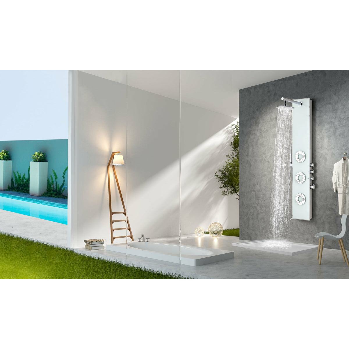 Anzzi Lynx 58 Inch Full Body Shower Panel with Heavy Rain Shower Head, Three Directional Acu-stream Body Jets, Four Shower Control Knobs and Euro-grip Free Range Hand Sprayer in White Deco-glass Body SP-AZ8090 - Lifestyle - Vital Hydrotherapy