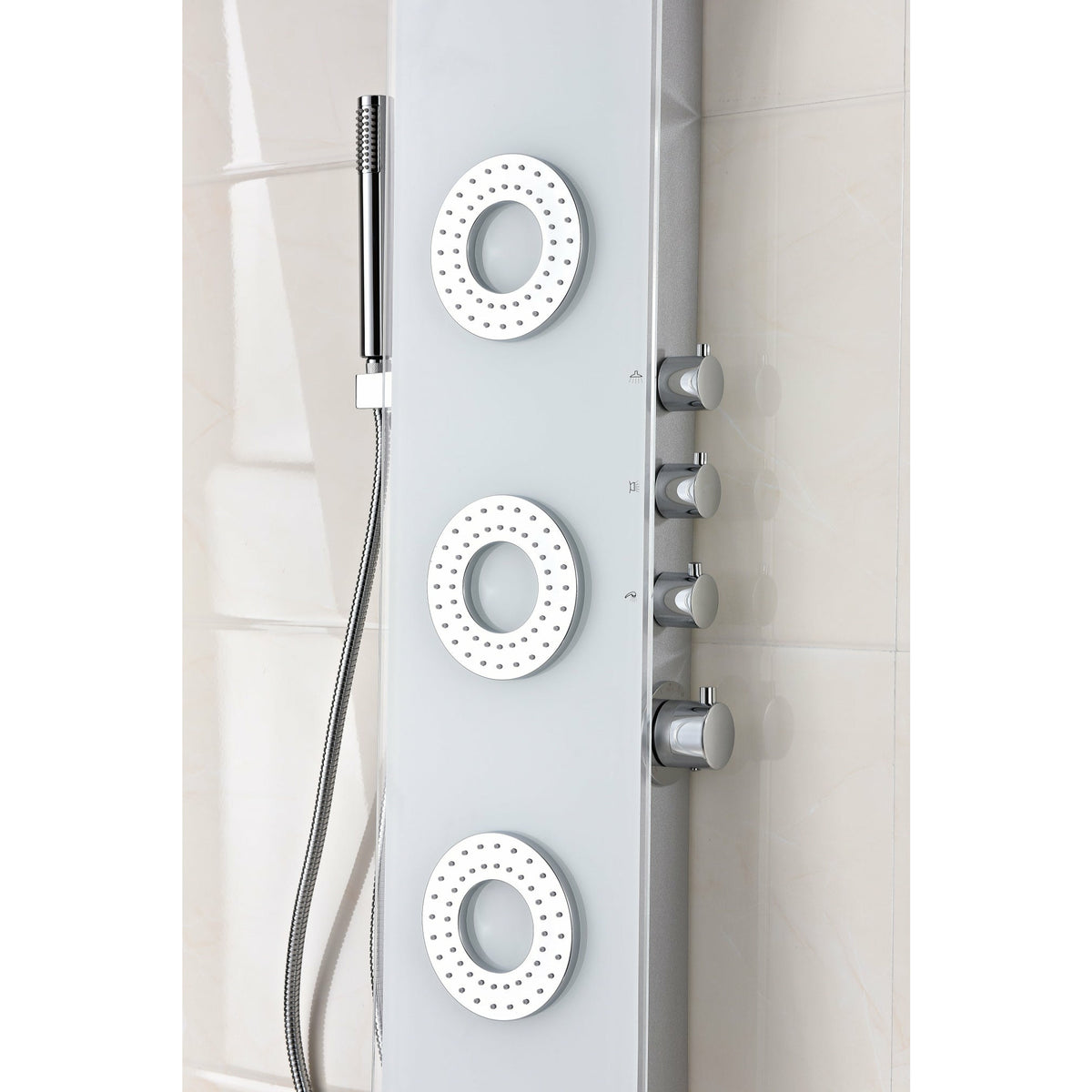 Anzzi Three Directional Acu-stream Body Jets, Four Shower Control Knobs and Euro-grip Free Range Hand Sprayer in White Deco-glass Body SP-AZ8090 - Vital Hydrotherapy