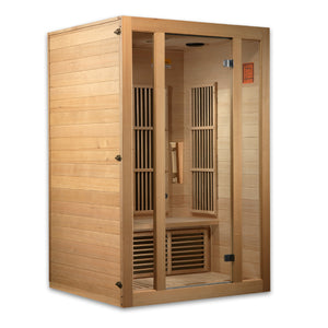 Maxxus Seattle Low EMF FAR Infrared Sauna - Natural hemlock wood construction with Tempered glass door and 2 full-length side windows, Interior reading light, Carbon Tech Low EMF FAR Infrared heaters , Roof vent, Interior LED control panel MP3 Aux connection, Electrical service in a white background