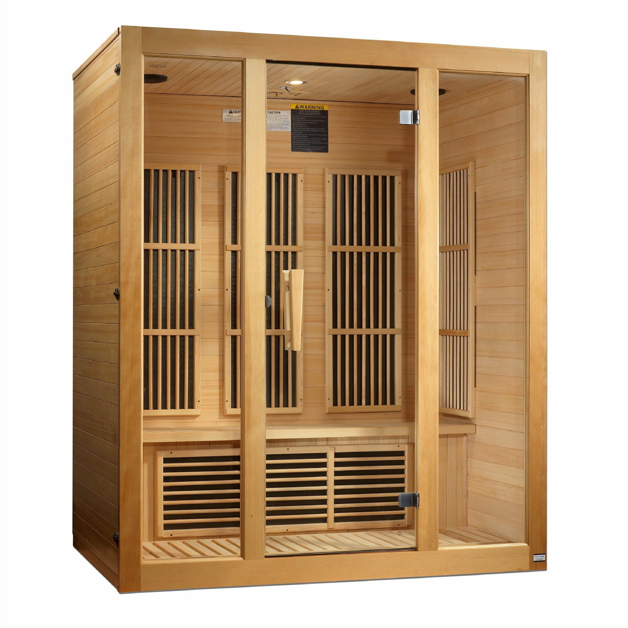 Maxxus Bellevue Low EMF FAR Infrared Sauna - 3 Person Natural hemlock wood construction Roof vent with Tempered glass door and 2 full-length side windows and Interior reading light isometric view in white background
