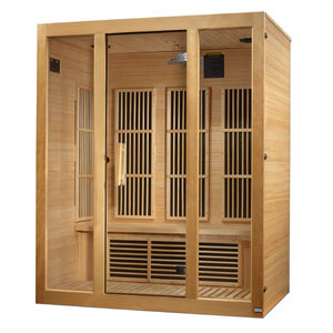 Maxxus Bellevue Low EMF FAR Infrared Sauna - 3 Person Natural hemlock wood construction Roof vent with Tempered glass door and 2 full-length side windows and Interior reading light isometric view in white background