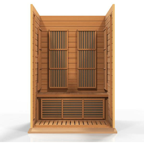 Maxxus Low EMF FAR Infrared Sauna - 2 Person - Natural hemlock wood construction inside partial build view in a white background