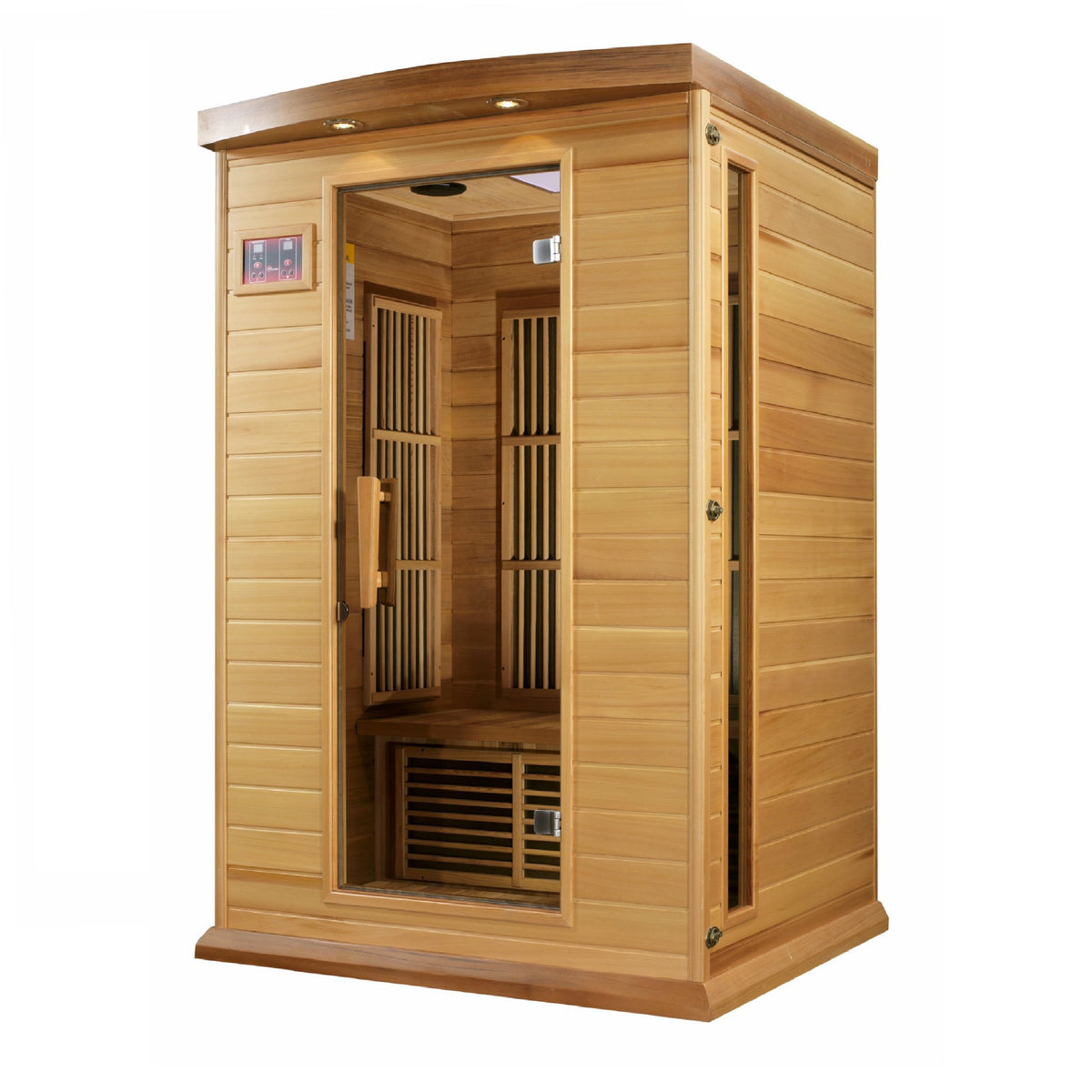 Maxxus Low EMF FAR Infrared Sauna - 2 Person - Natural hemlock wood construction with Tempered glass door and 2 full-length side windows,  Interior color therapy lighting,  Carbon heating panels, Roof vent,  Interior/exterior LED control panels,  FM Radio with BT, MP3 auxiliary, SD, and USB connection Electrical service in a white background